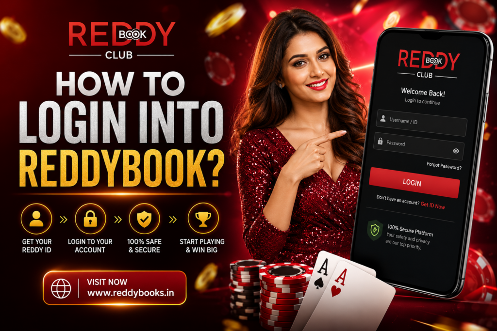 Reddy Book Login page banner showing secure online cricket betting ID, live casino access, sportsbook login, and mobile betting platform in India